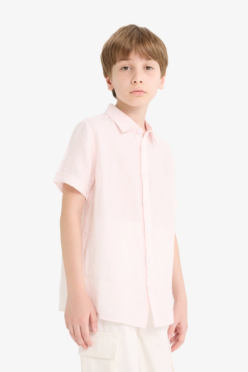 DeFacto Pink Boy Boy Regular Fit Polo Neck Linen Short Sleeve Shirt Casual - Image 3